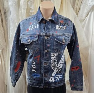FWRD Denim Graffiti Large 14-16 Stretch Denim Jacket NWT